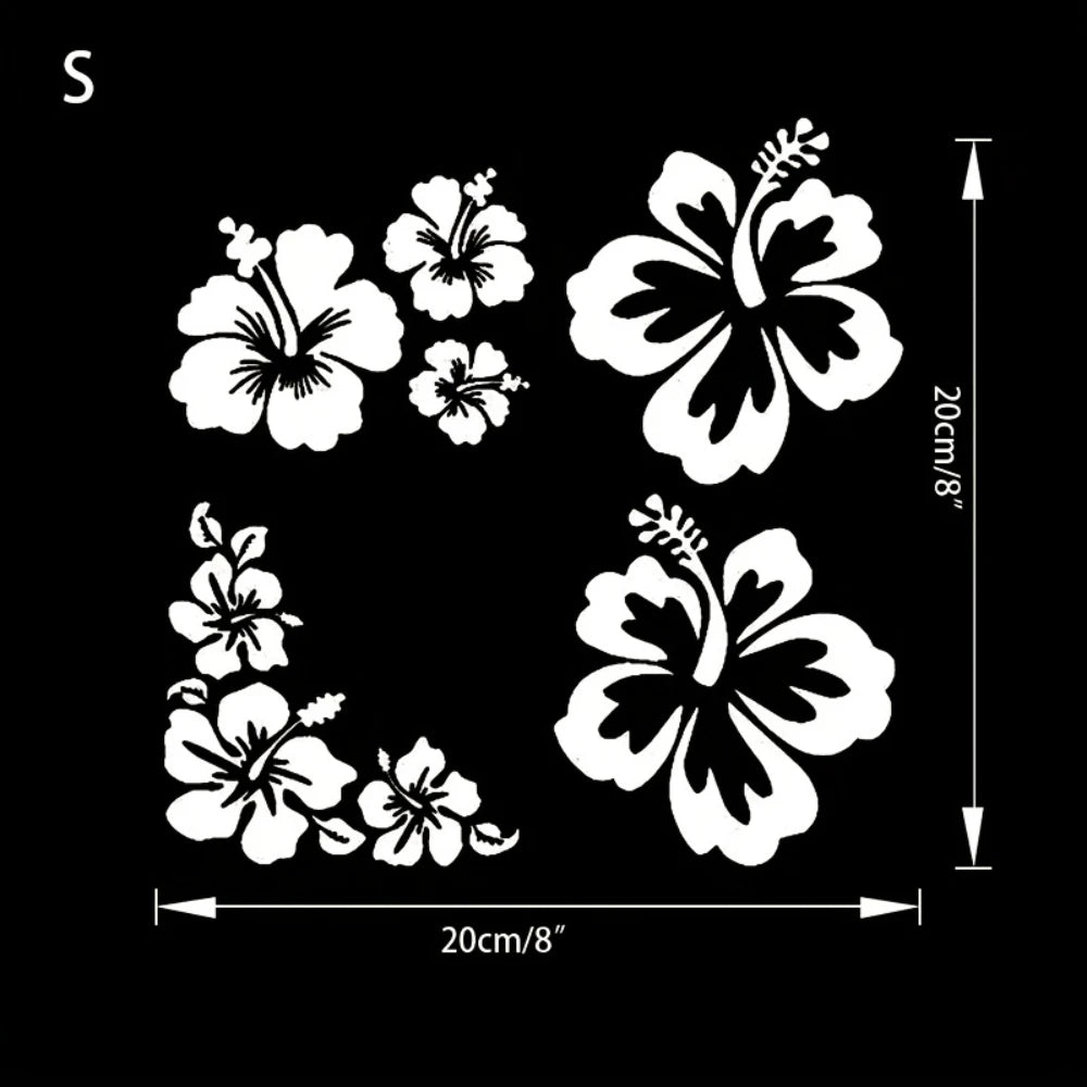 A set of five black and white hibiscus flower decals on a black background.