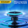 An Essager magnetic wireless car charger mount with an illuminated blue light resting on a reflective surface.