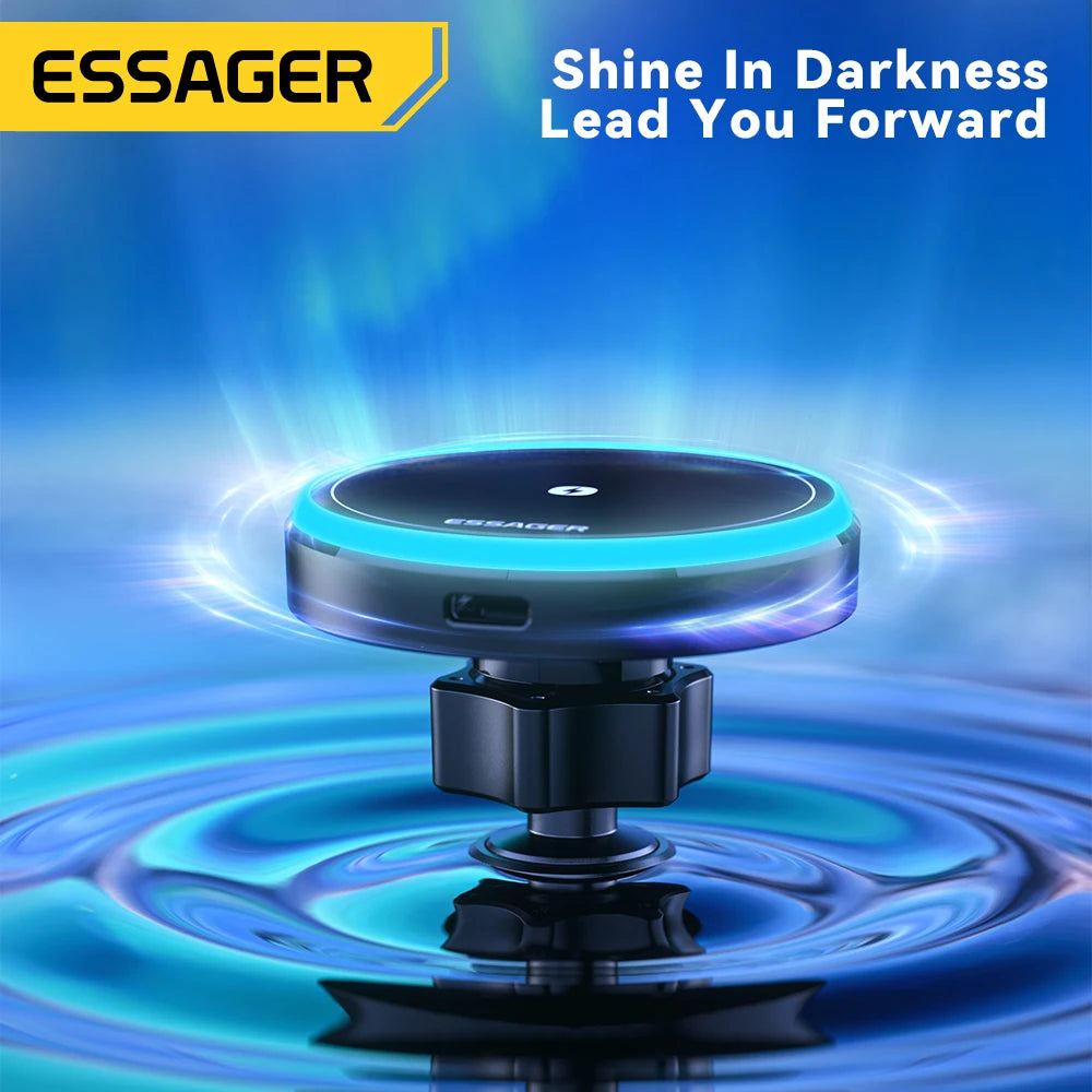 An Essager magnetic wireless car charger mount with an illuminated blue light resting on a reflective surface.