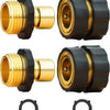 A set of black and brass quick connectors for a 3/4-inch garden hose.