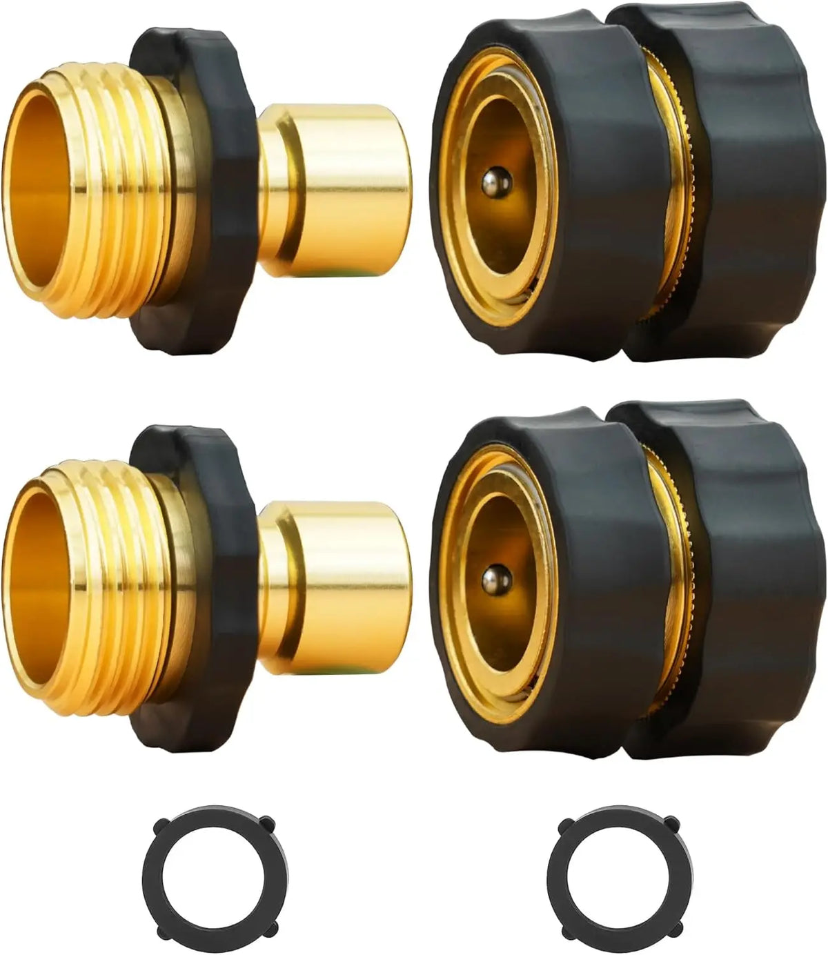 A set of black and brass quick connectors for a 3/4-inch garden hose.