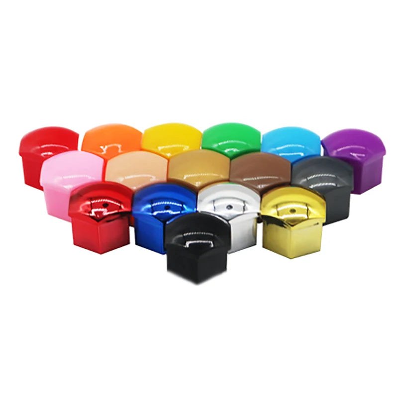 A collection of 20 colorful car wheel nut cap covers in various shades including red, orange, yellow, green, blue, and purple