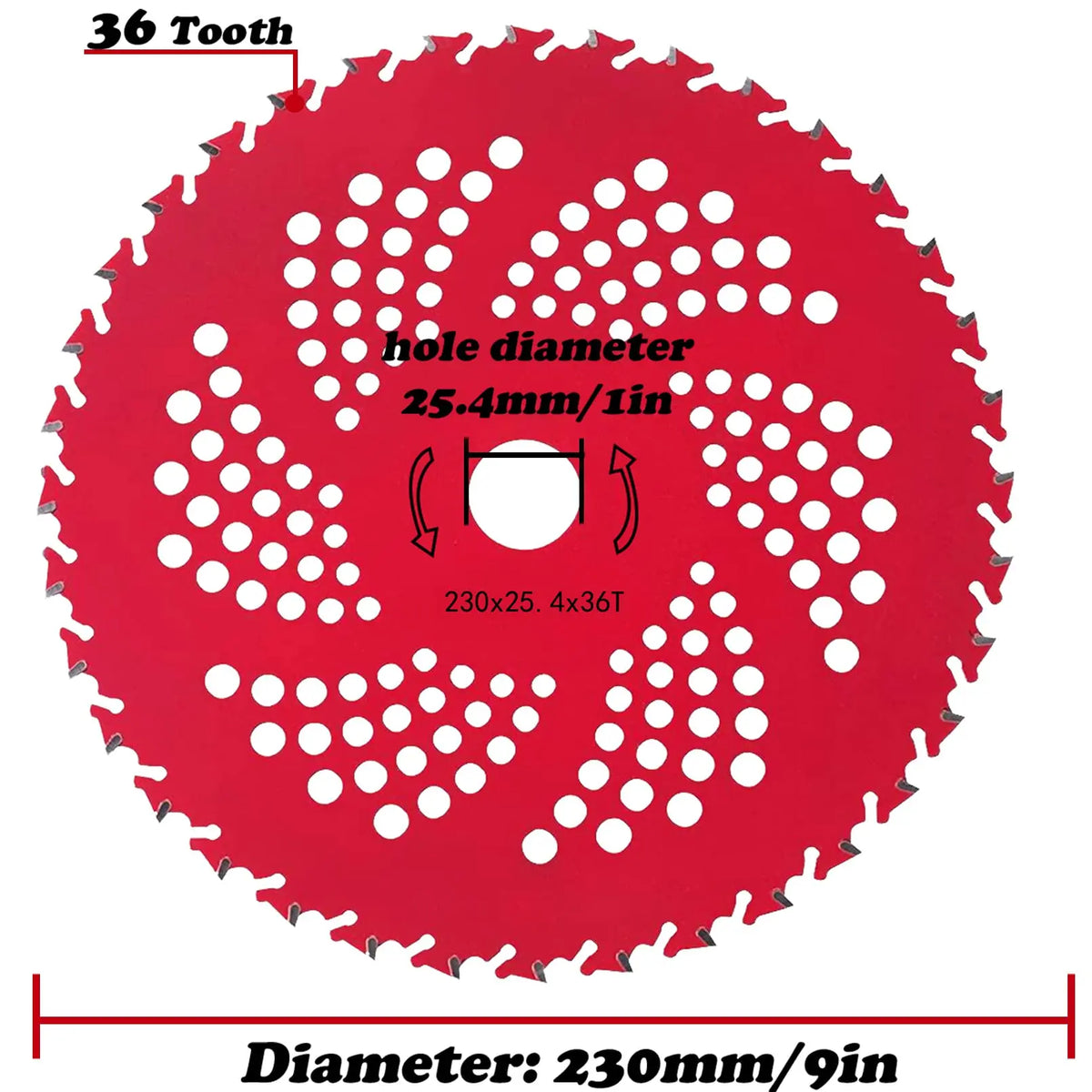 Red 36 tooth carbide tipped brush cutter blade with a 230mm diameter and 25.4mm hole diameter.