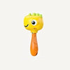 A bright yellow cartoon animal rattle toy with a textured head and orange handle.