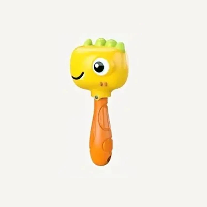 A bright yellow cartoon animal rattle toy with a textured head and orange handle.