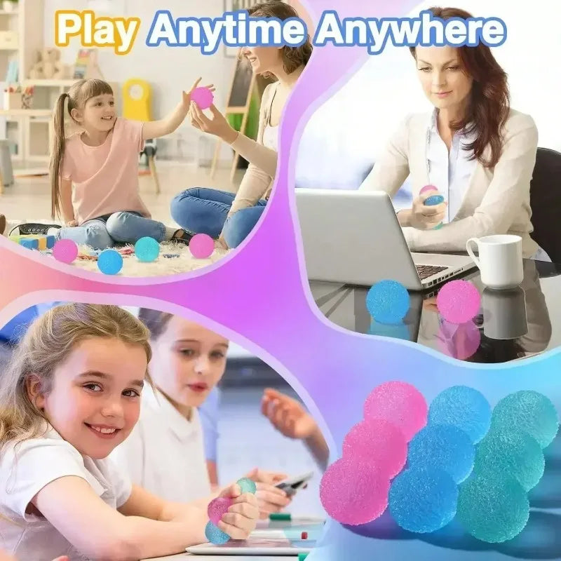 A woman and a girl are shown playing with soft textured stress balls in a bright indoor setting.