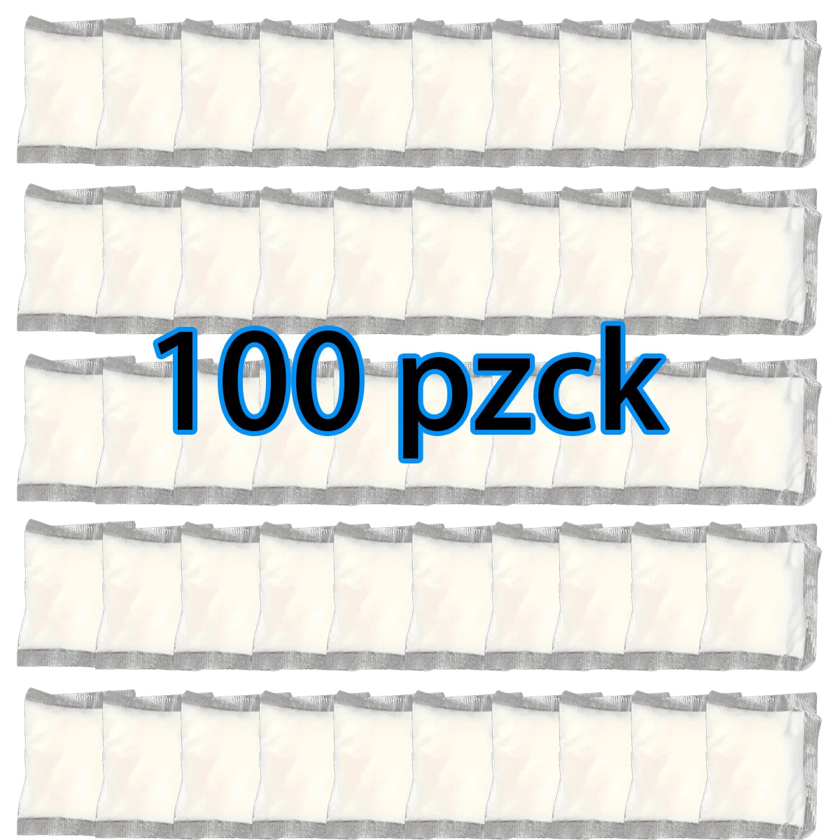 A display showing 100 pieces of portable toilet absorbent powder for camping and travel.