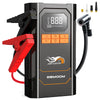 A black portable car jump starter device with an LED display and red handle is shown, connected to a black cable.
