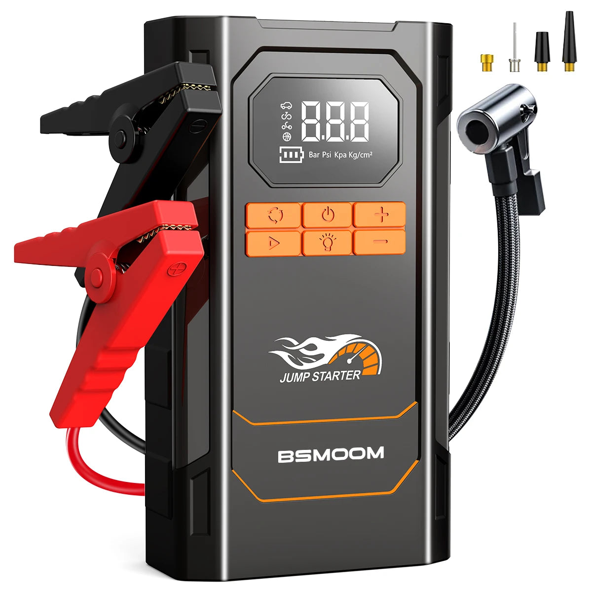 A black portable car jump starter device with an LED display and red handle is shown, connected to a black cable.