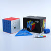 A black box containing a MoYu magnetic speed cube set and a blue plastic cube on a white surface.