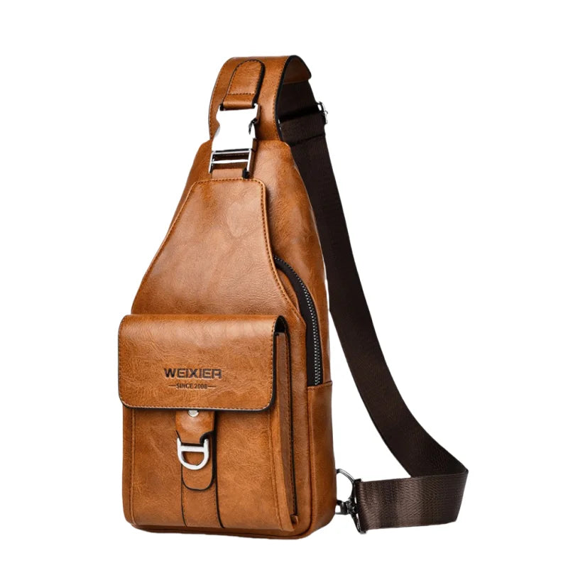 Braunes Leder-Herrengurt mit schwarzem Riemen und Klappe, Slingbag.