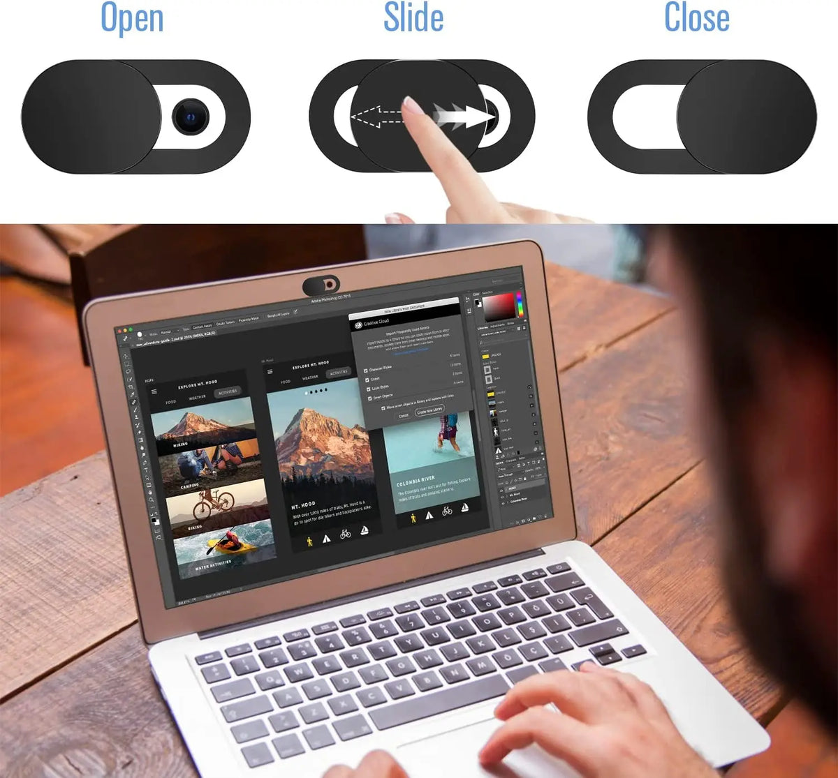 A hand is sliding a privacy webcam cover onto a laptop, demonstrating the open, slide, and closed positions.