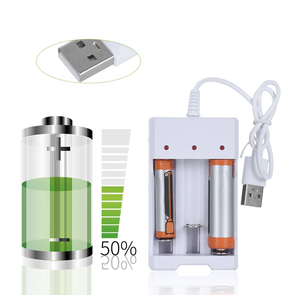 A white battery charger device with two slots for AA and AAA rechargeable batteries, shown next to a disassembled USB chargin