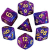 A set of seven polyhedral dice in various colors and angles for role-playing games