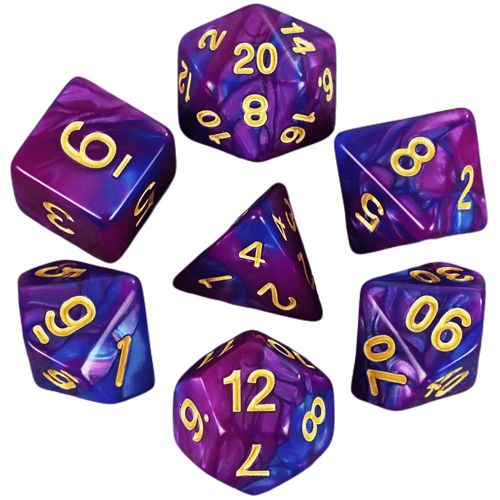 A set of seven polyhedral dice in various colors and angles for role-playing games