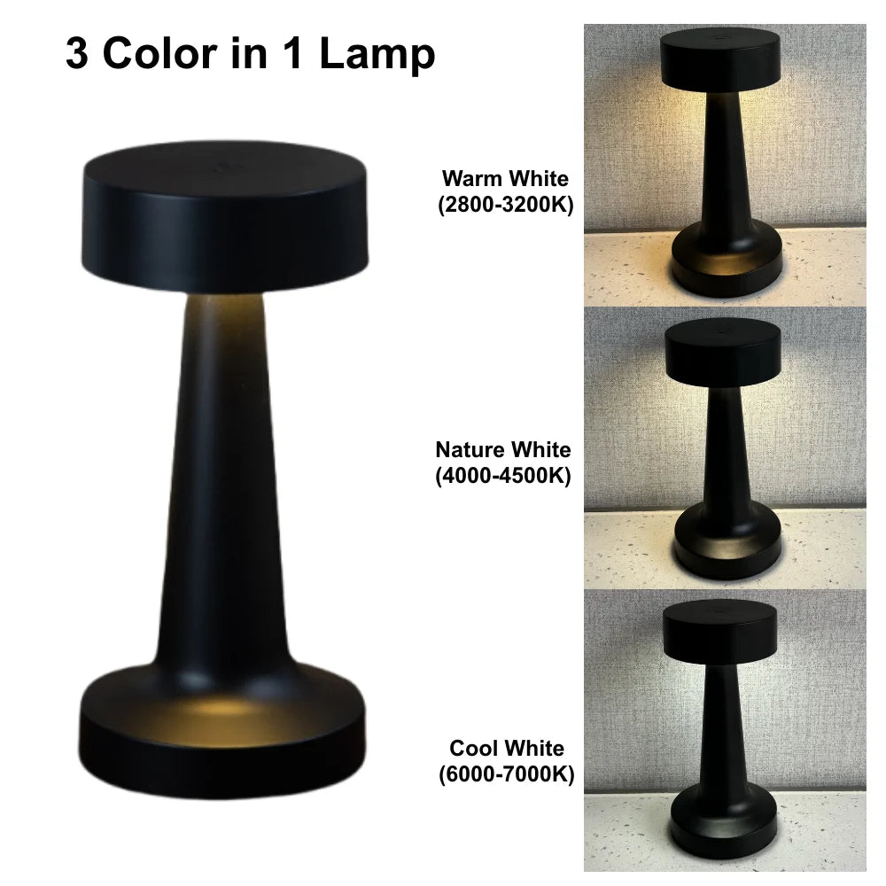Three color options of a rechargeable metal LED table lamp shown in different light temperatures.