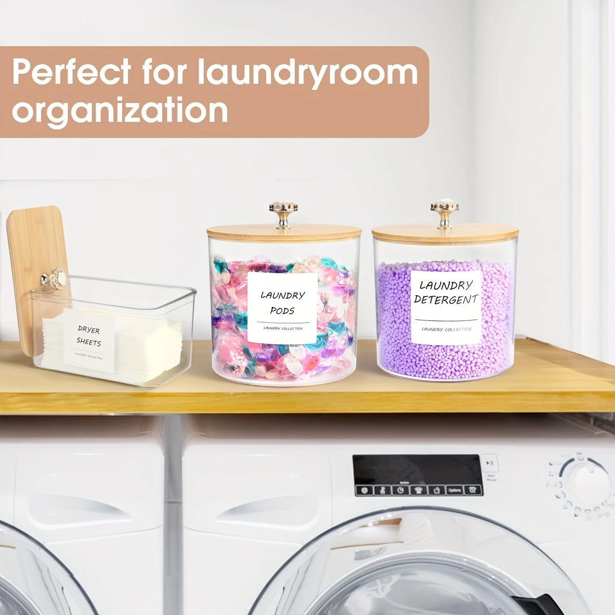 Two clear glass containers filled with laundry pods and dryer sheets are displayed on a wooden shelf for laundryroom organiza