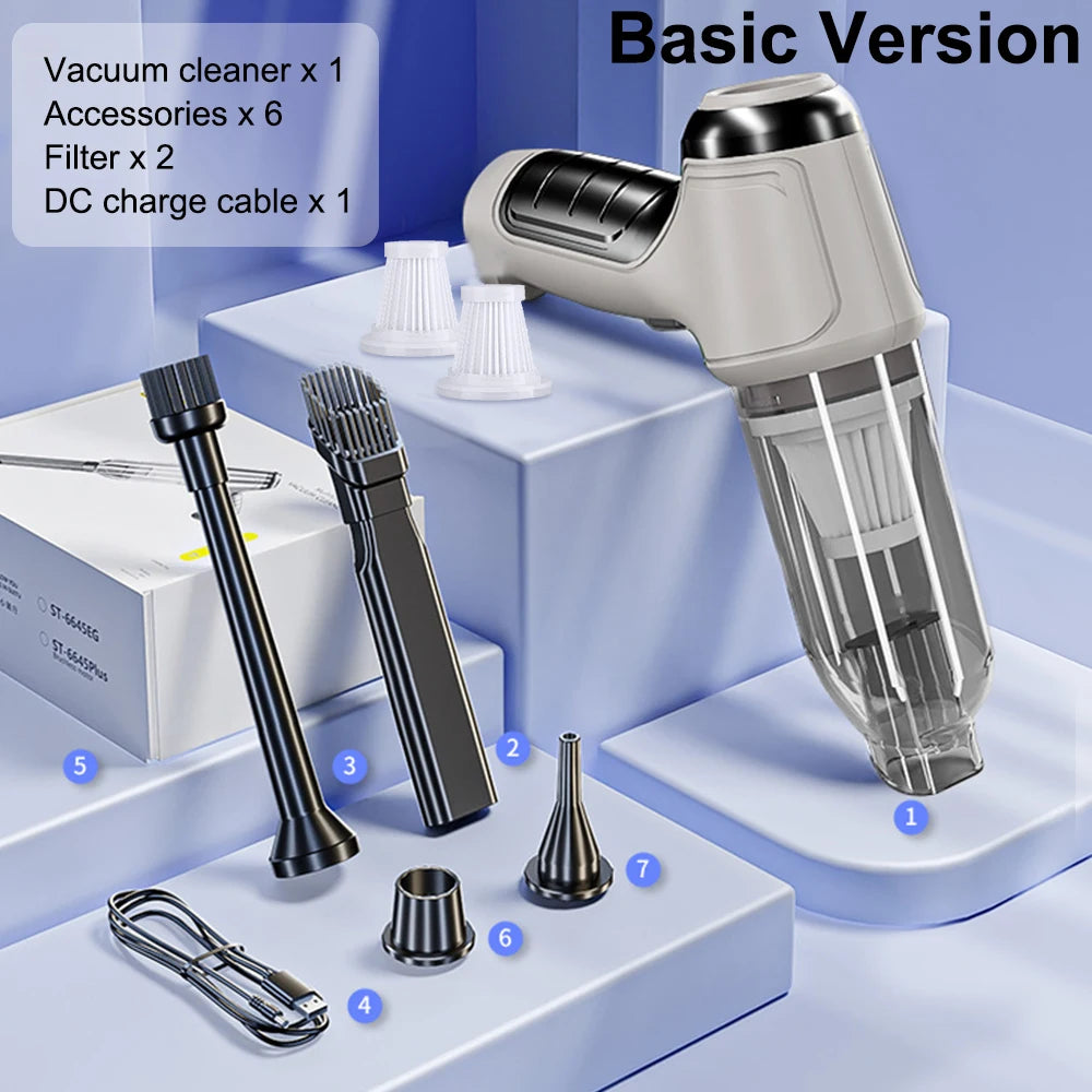 Basic version of a cordless handheld vacuum cleaner with accessories and a DC charge cable displayed on a white surface.