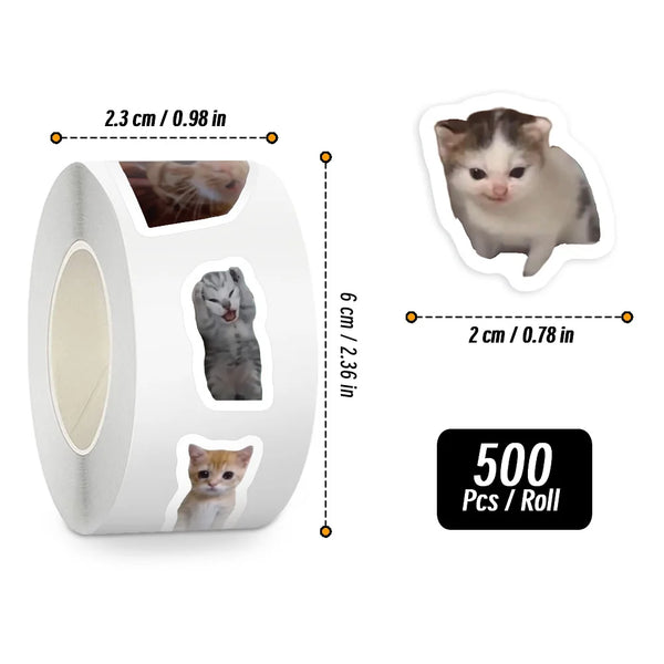 Roll von 500 Cartoon-Meme-Katzen-Belohnungsstickern mit Maßen 2,3 cm oder 0,98 Zoll