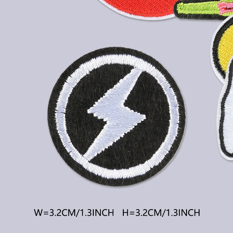 Black and white lightning bolt iron-on embroidered patch for jackets and outdoor clothing
