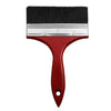 A red paint brush with a black bristles and a silver metal ferrule and plastic handle.