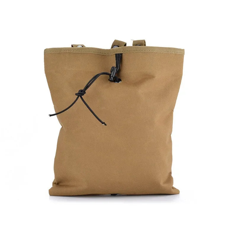 A tan tactical MOLLE dump pouch with a drawstring closure.