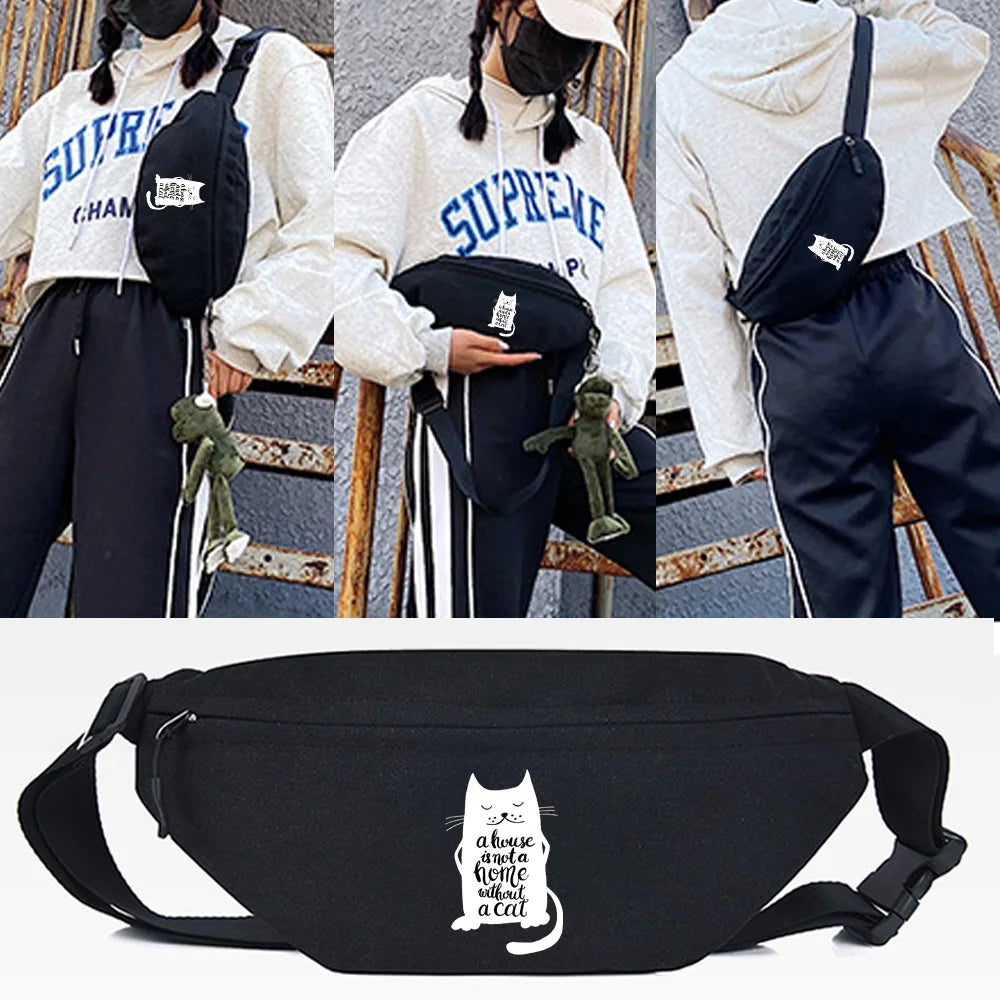 Black canvas waist pack featuring a white cat silhouette design