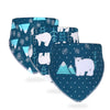 A set of three blue and white patterned soft cotton baby bibs featuring cartoon animals like bears and snowflakes.