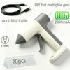 A DIY hot melt glue gun with a white and gray body, a USB-C cable, and 20 pieces of glue sticks.