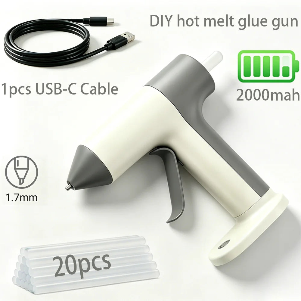 A DIY hot melt glue gun with a white and gray body, a USB-C cable, and 20 pieces of glue sticks.
