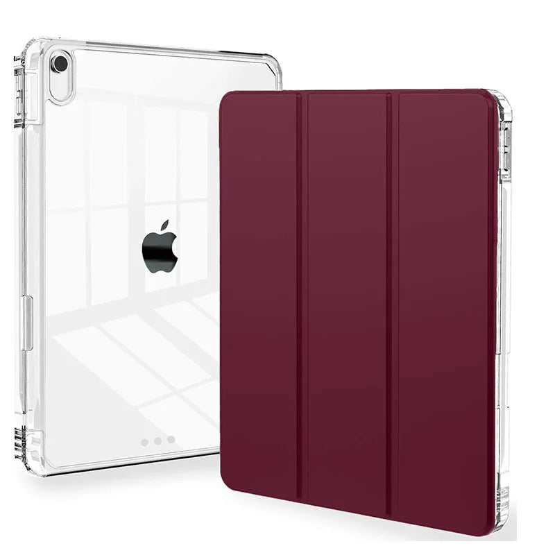 A maroon slim protective iPad case with a built-in pencil holder shown in a vertical orientation.