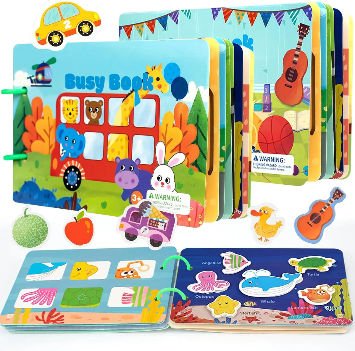 A colorful Montessori busy book for toddlers featuring various toys and activities.