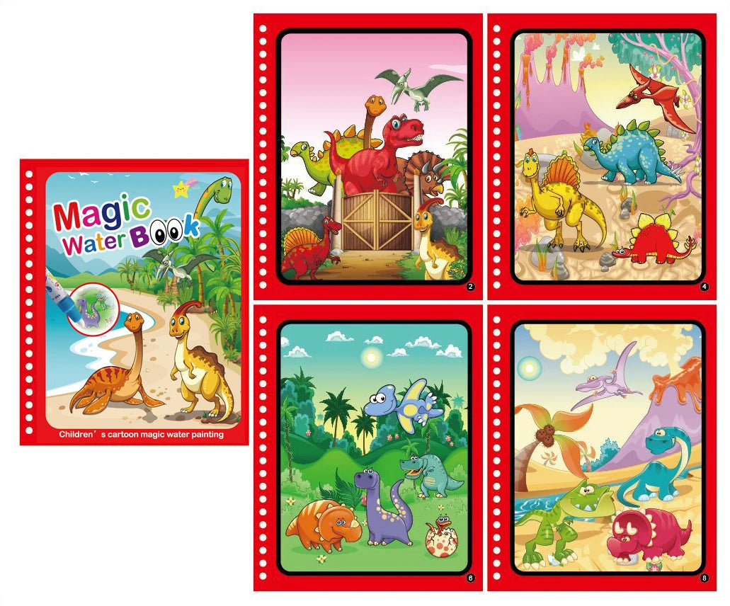 A set of five colorful magic water drawing books featuring various dinosaurs and jungle scenes for children.