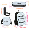 A set of three fabric bags including an image pouch, a pencil bag, and a larger backpack.