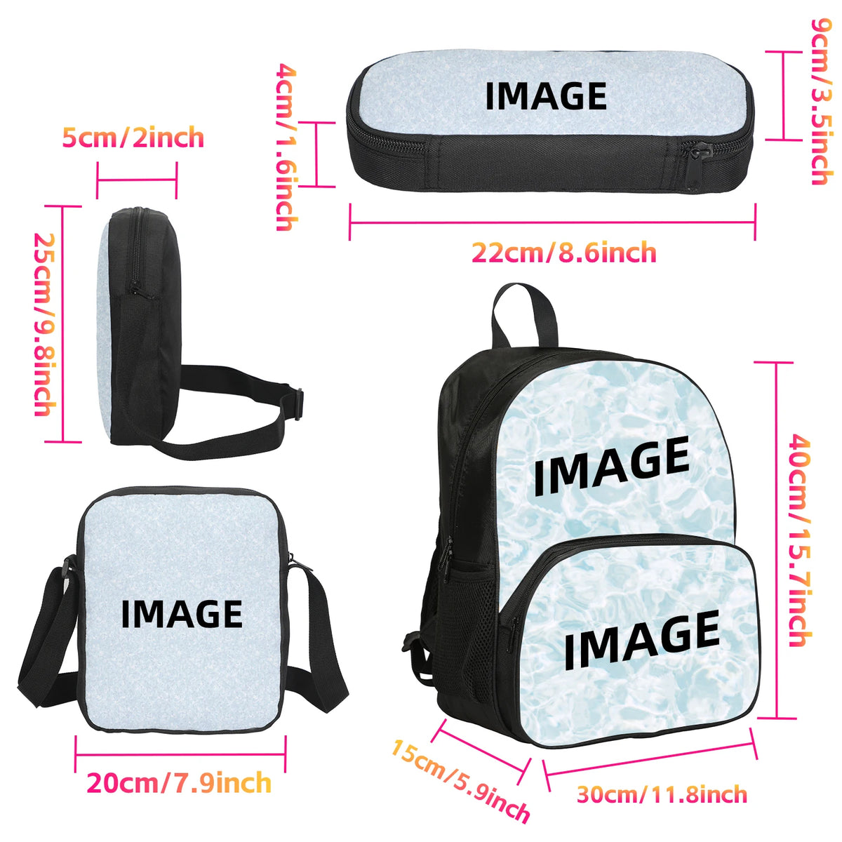 A set of three fabric bags including an image pouch, a pencil bag, and a larger backpack.