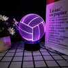 A glowing purple spherical night light shaped like a volleyball sits on a surface next to a product description.