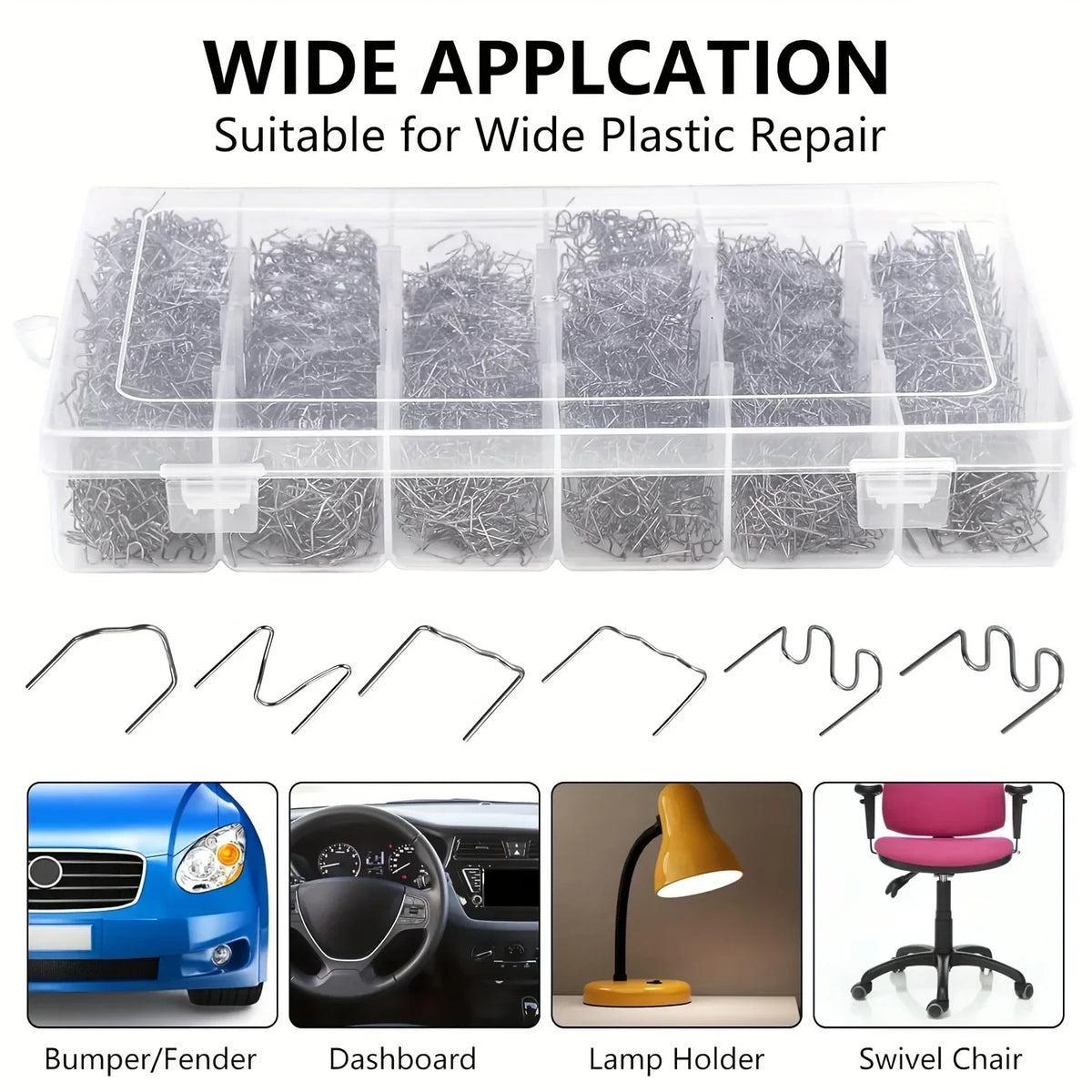Staple welding kit with storage box for plastic bumper repair shown alongside various tools and a swivel chair.
