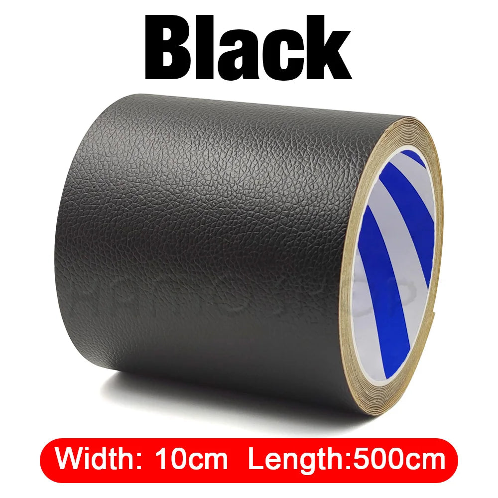 Black self-adhesive PU leather repair patch roll with dimensions 10cm width and 500cm length