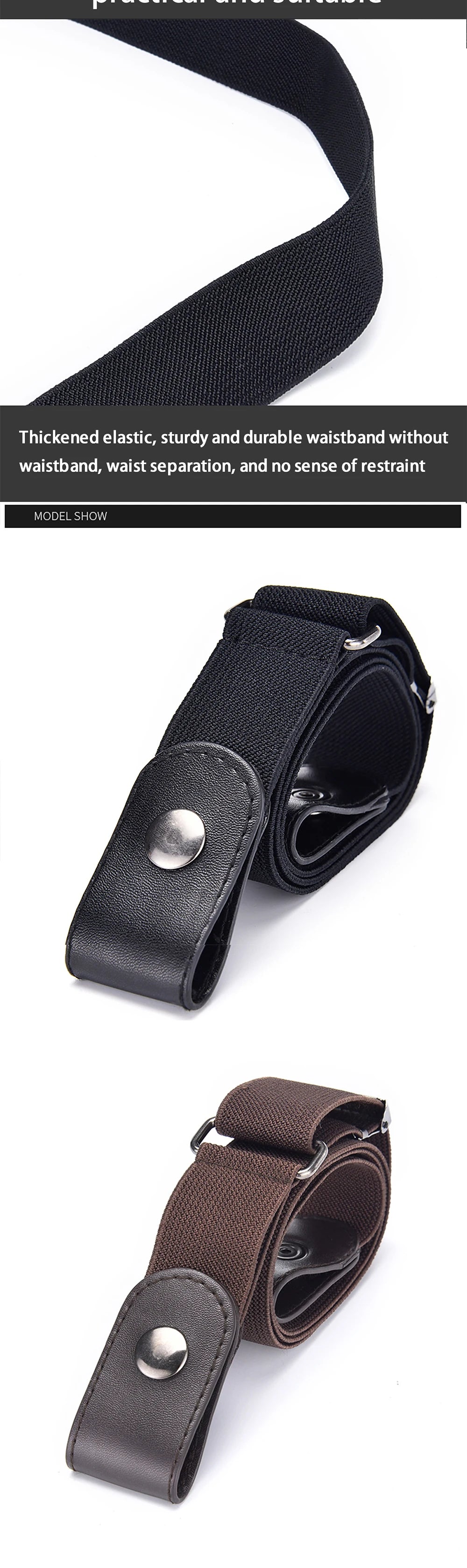 A black elastic wristband belt is shown in two views, demonstrating its sturdy and durable design.