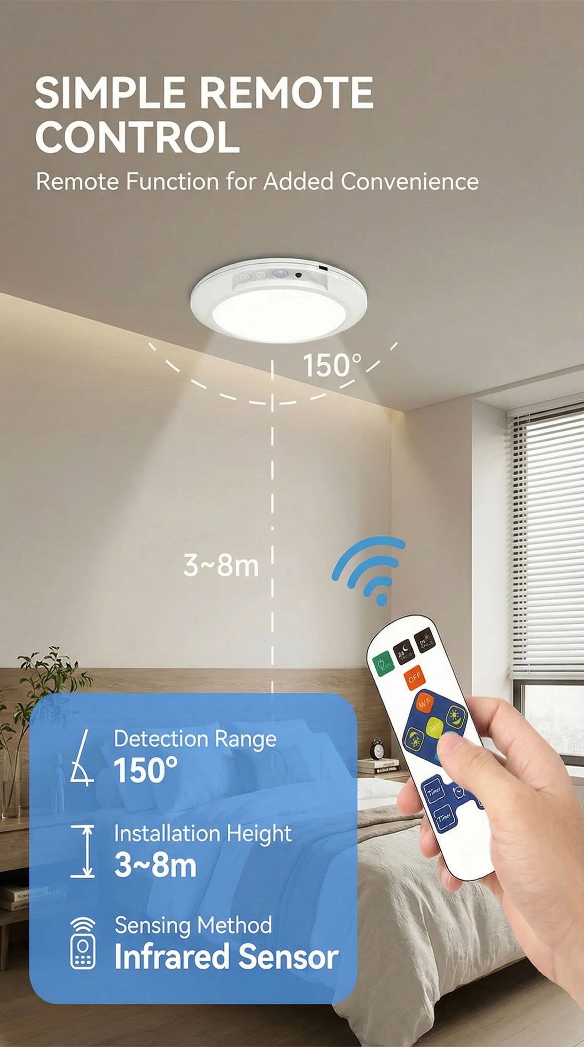 A hand holds a remote control for a ceiling light, demonstrating the simple remote control function.
