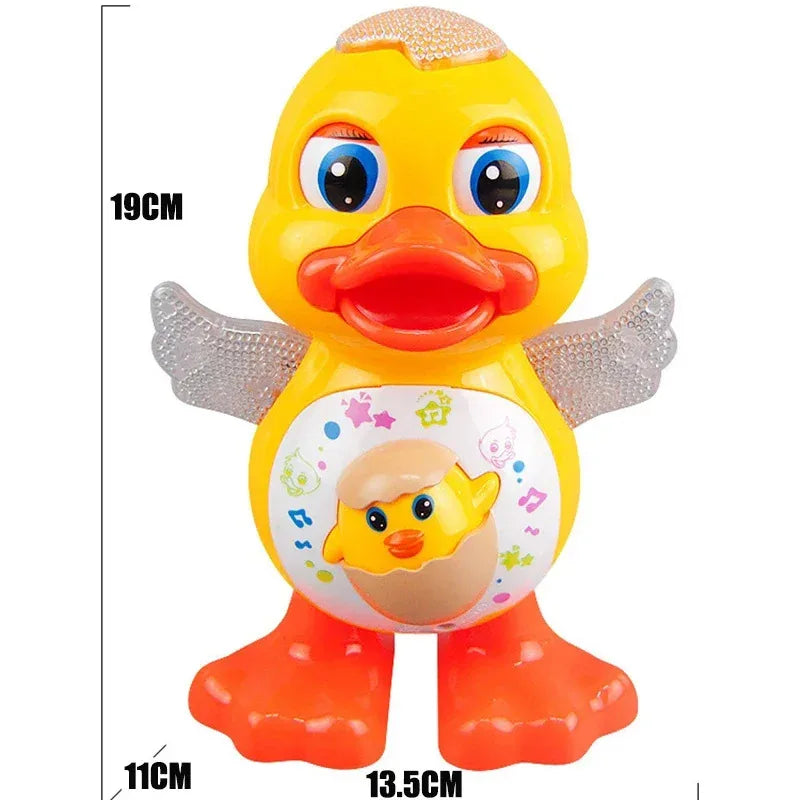 A yellow duck toy with wings and an orange beak, featuring a small golden chick inside.