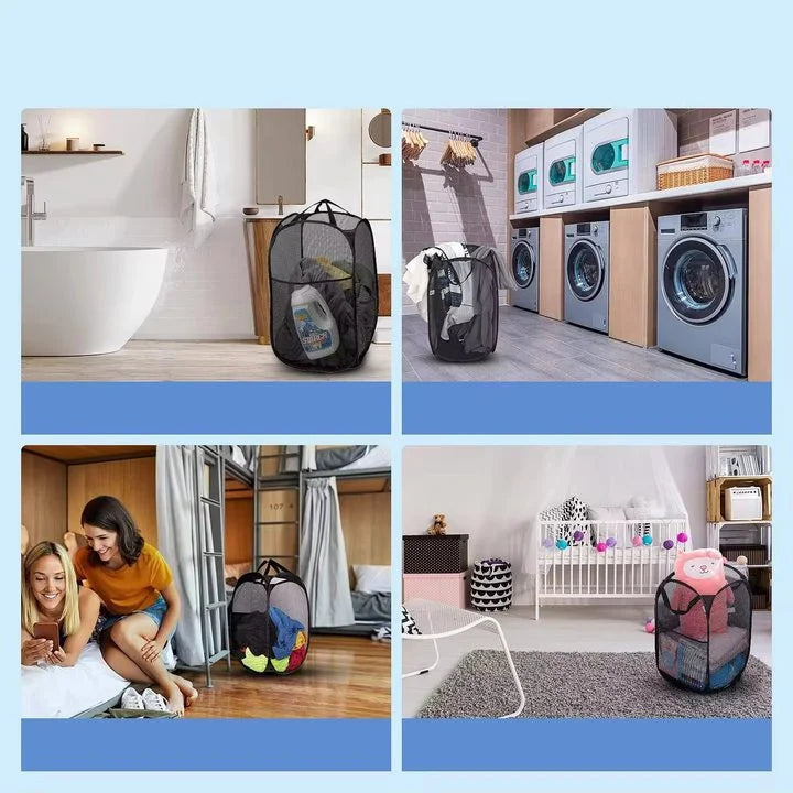 A foldable mesh laundry basket with handles is shown in various contexts, including a bathroom, laundry room, and a bedroom.