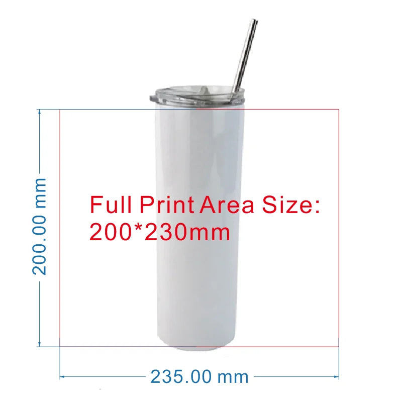 A white stainless steel tumbler with a lid and a straw, showing the full print area dimensions.