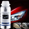 A bottle of Headlight Renovation Repair Fluid next to a car headlight lens.