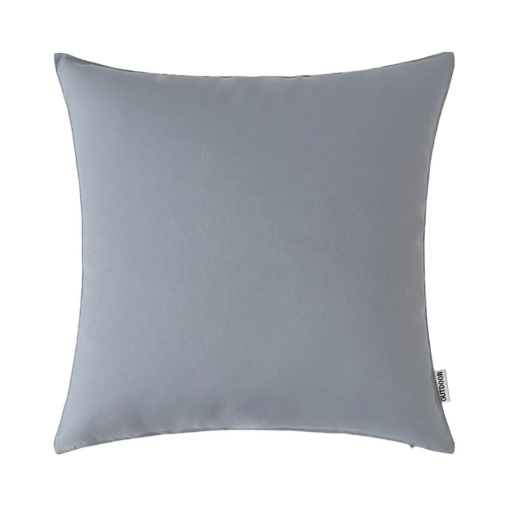 A square, light gray linen-textured cushion cover or pillow.