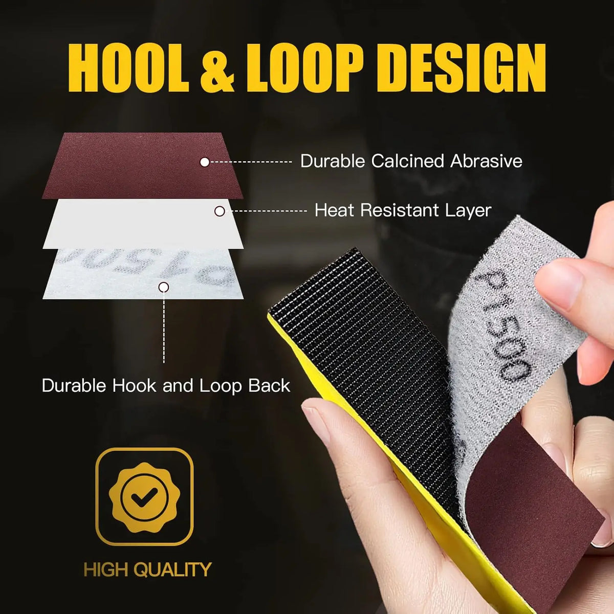 A hand holds a multi-grinder kit featuring a durable hook and loop design with abrasive layers.