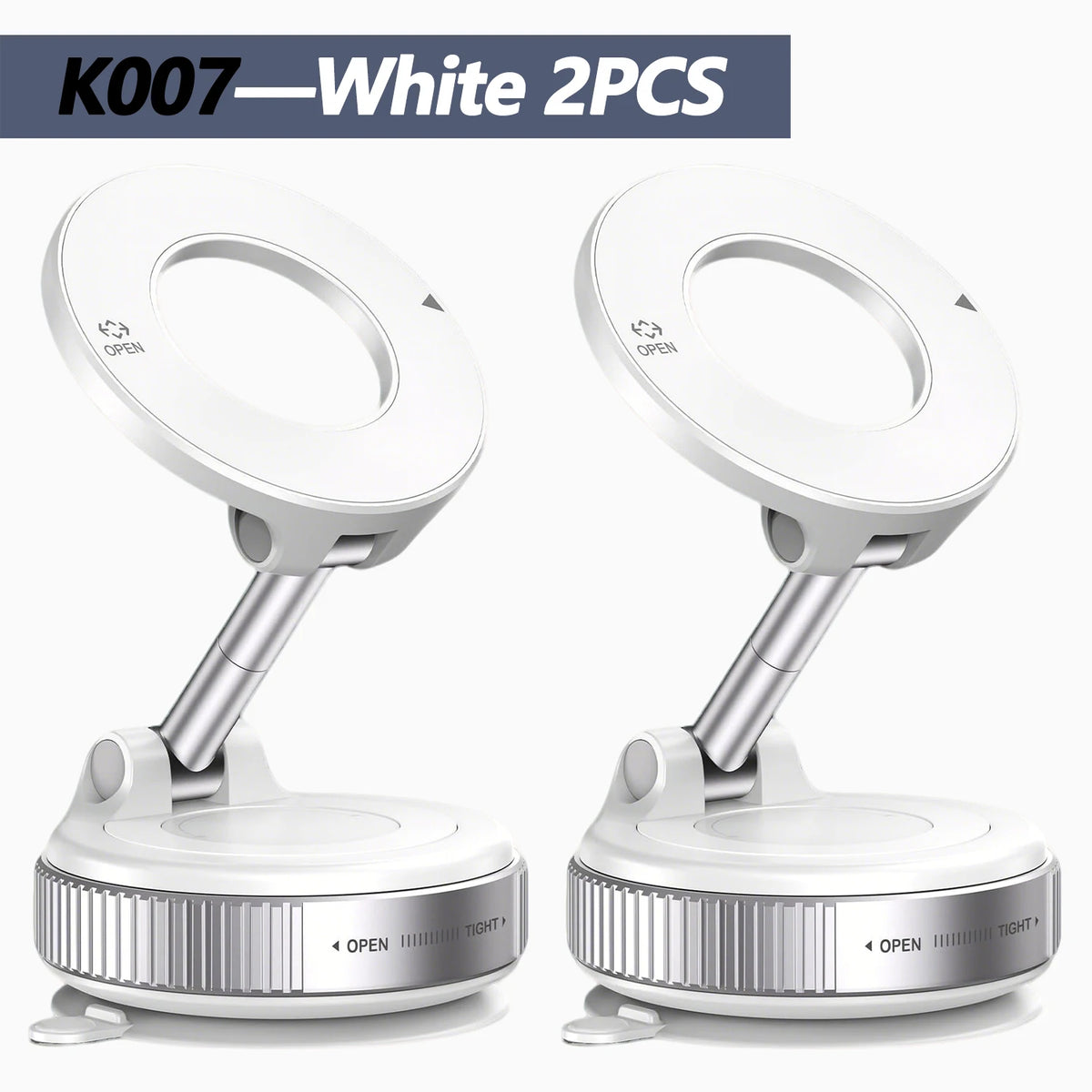 White magnetic car phone holder with foldable adjustable arm shown in two views