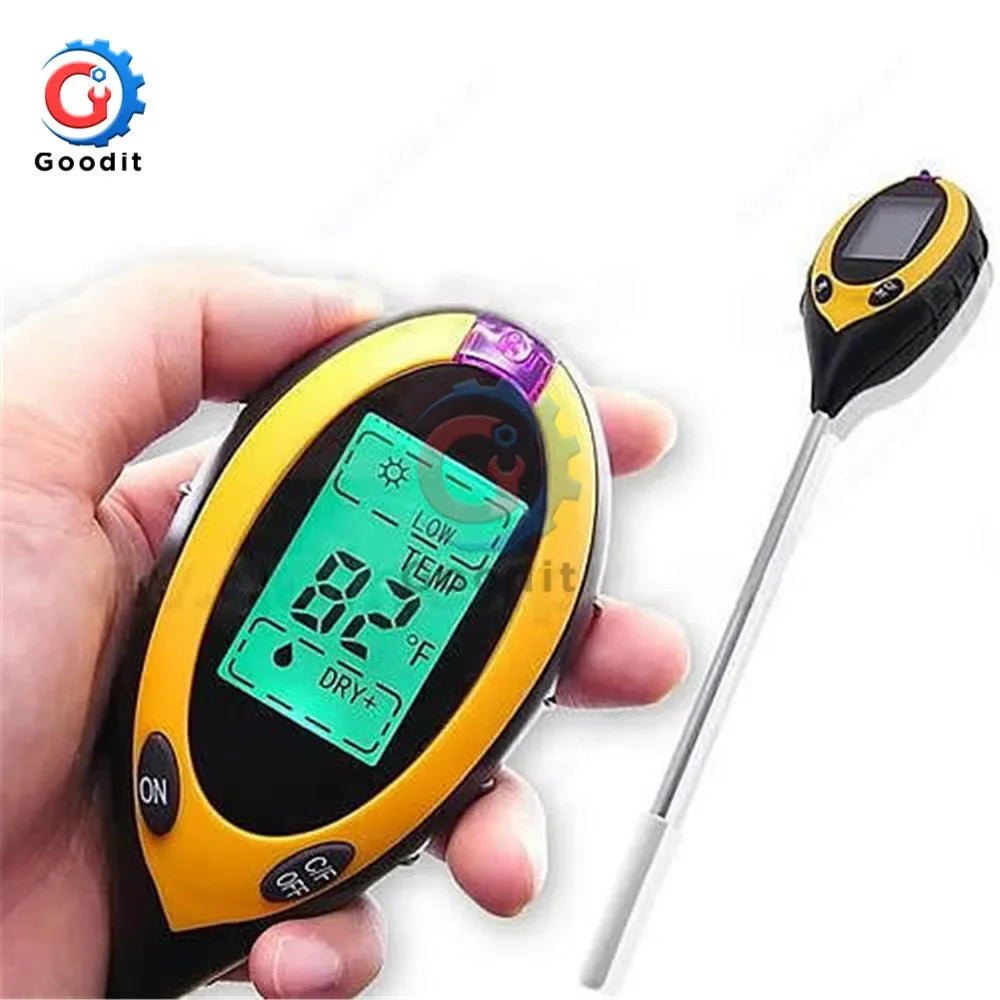 A hand holds a yellow electronic soil tester device with a digital display and a long probe for measuring soil pH, moisture, 