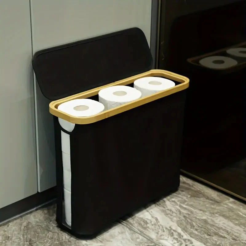 Bamboo and Oxford Cloth Toiletry Storage Basket with Lid