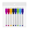 An assortment of eight fine tip whiteboard markers in various colors including purple, red, yellow, black, blue, green, and v